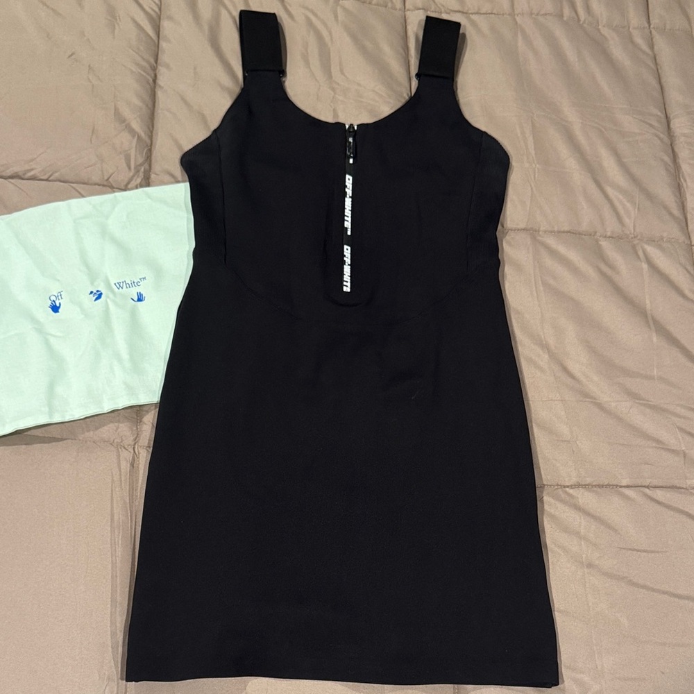 Off-White Mini Dress with Logo Zipper